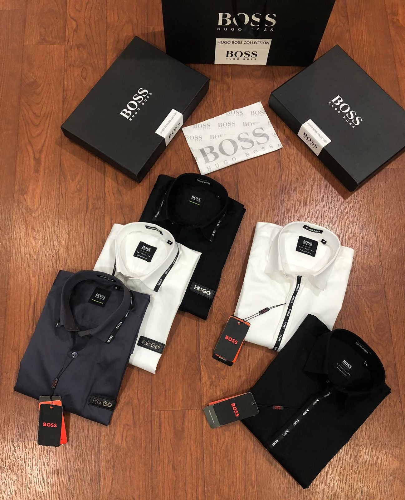 BOSS SHIRT BLACK COLOUR COLLAR STRIP WITH METAL STEEL LOGO AND LEATHER PATCH