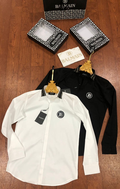 BALMAIN PARIS COLLAR STRIP DAIMOND LOGO BLACK SHIRT