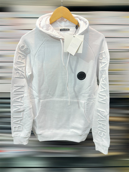 BALMAIN PARIS SLEEV EMBROIDERY WHITE HOODY
