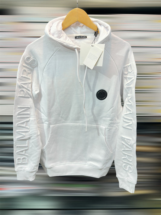BALMAIN PARIS SLEEV EMBROIDERY WHITE HOODY