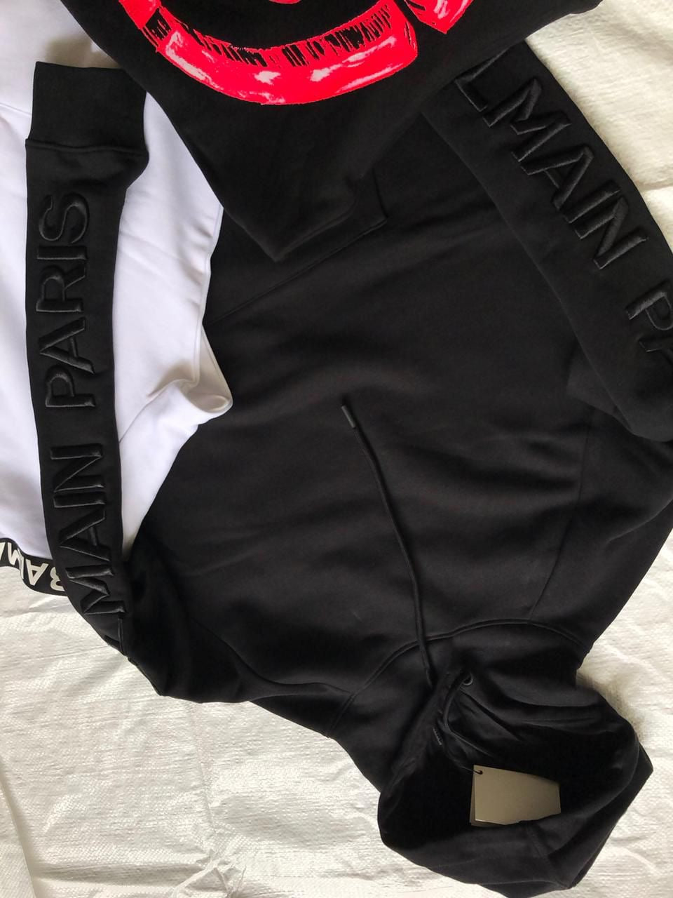 BALMAIN PARIS SLEEVE EMBROIDERY BLACK HOODY