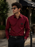 BALMAIN PARIS FRONT METAL LOGO AND LEATHER PATCH MAHROON SHIRT BIG SIZE