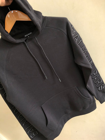 BALMAIN PARIS SLEEVE EMBROIDERY BLACK HOODY