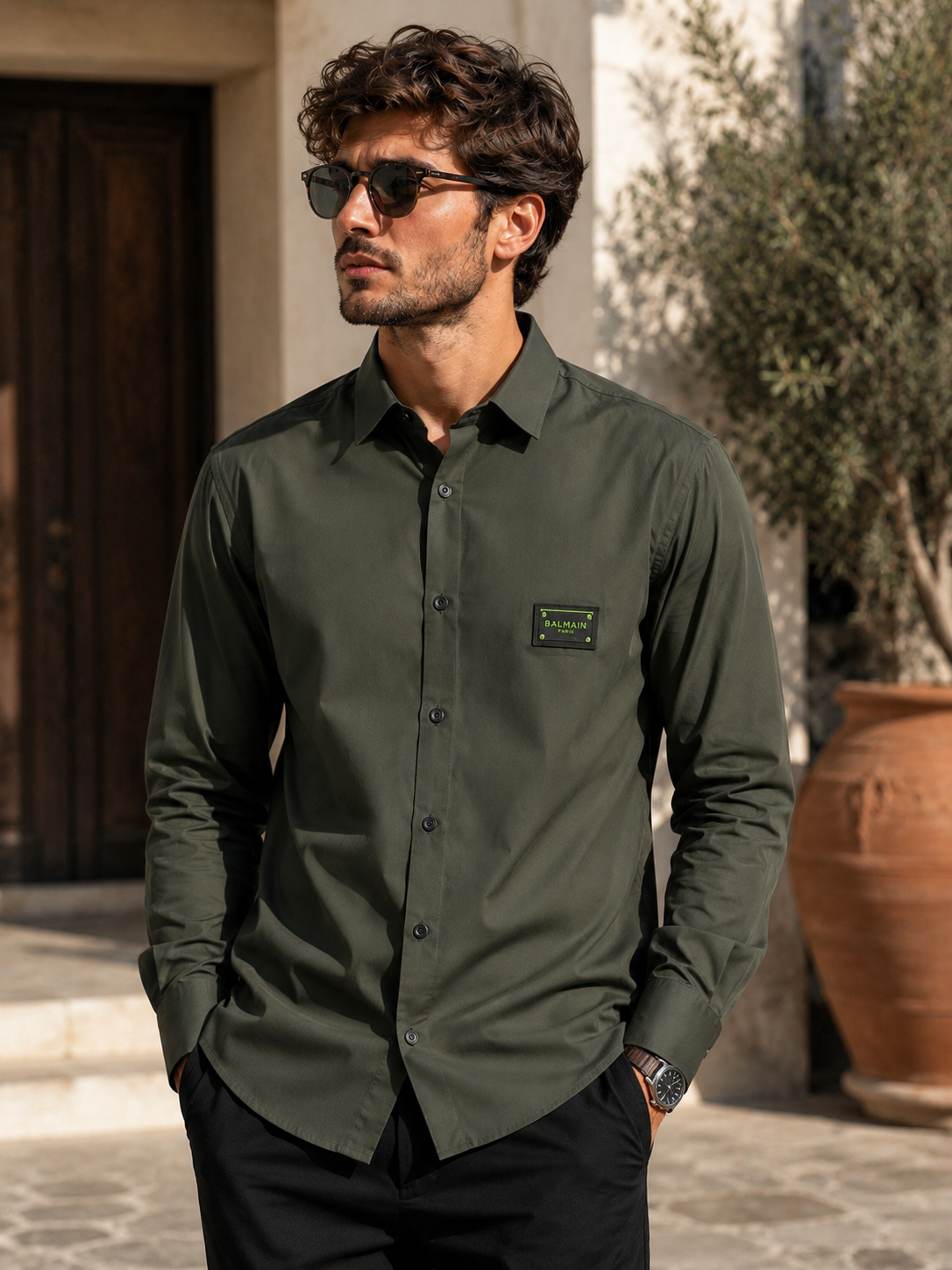 BALMAIN PARIS FRONT METAL LOGO AND LEATHER PATCH GREEN SHIRT BIG SIZE