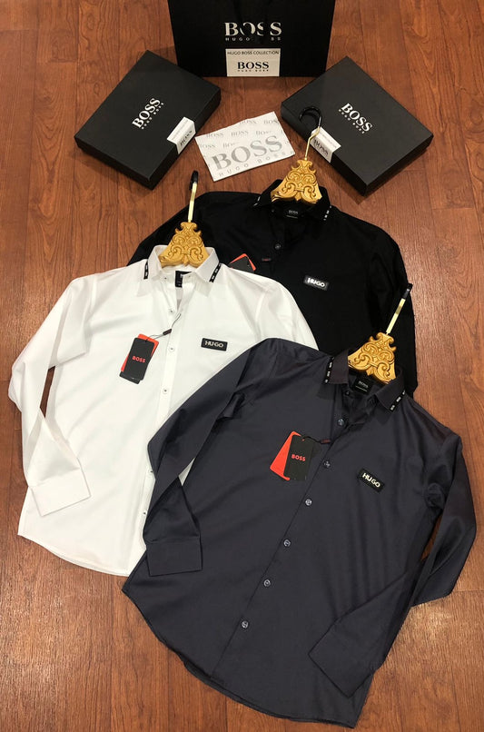 BOSS SHIRT BLACK COLOUR COLLAR STRIP WITH METAL STEEL LOGO AND LEATHER PATCH