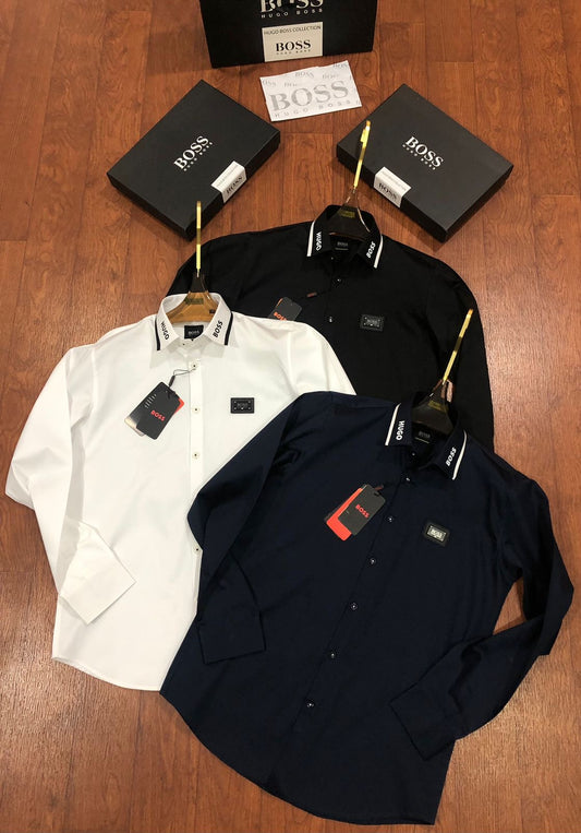 BOSS COLLAR PRINT STEEL LOGO WITH LEATHER PATCH WHITE SHIRT