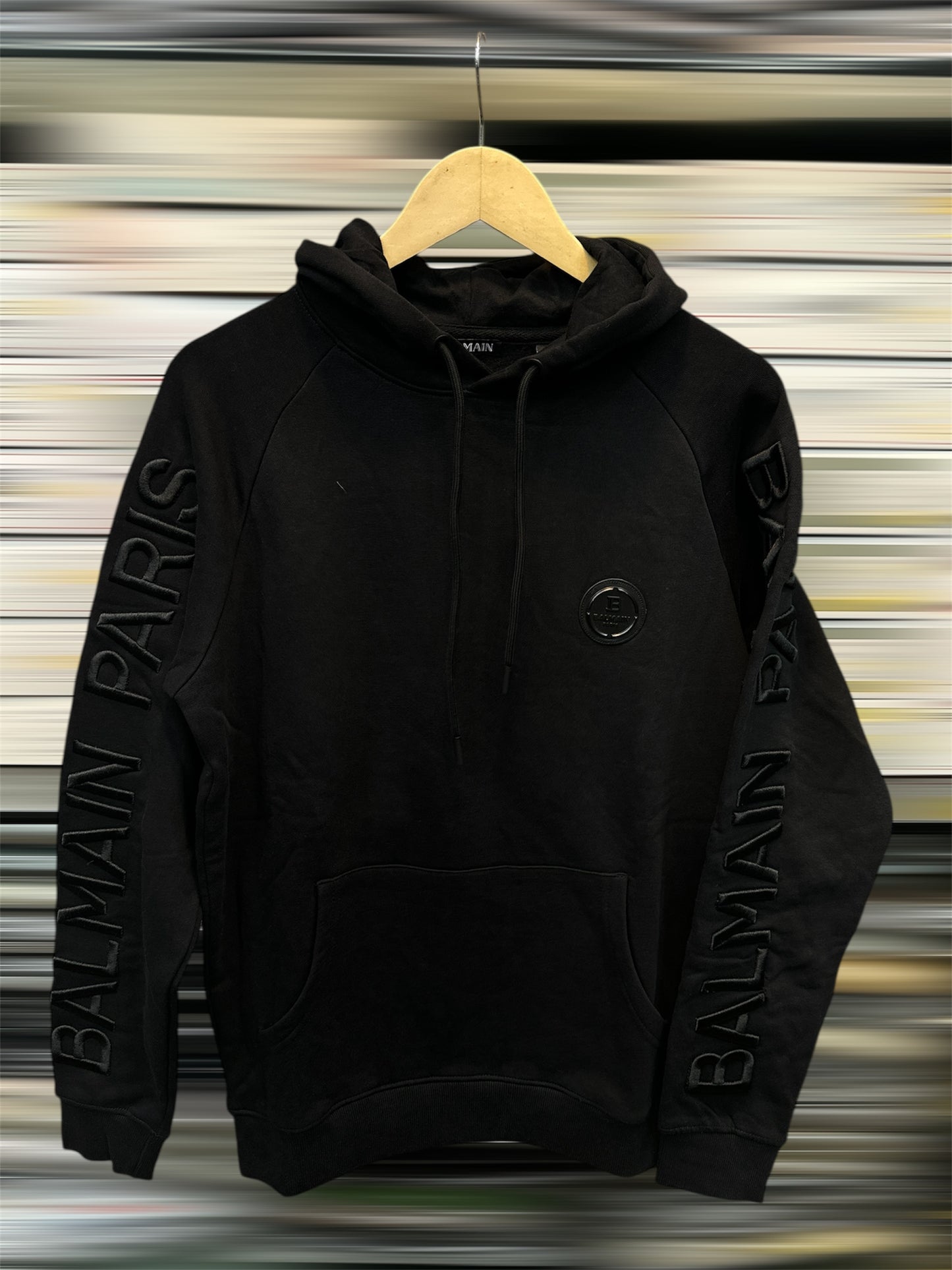 BALMAIN PARIS SLEEVE EMBROIDERY BLACK HOODY