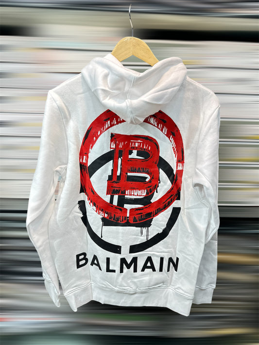 BALMAIN PARIS BACK PRINT WHITE HOODY