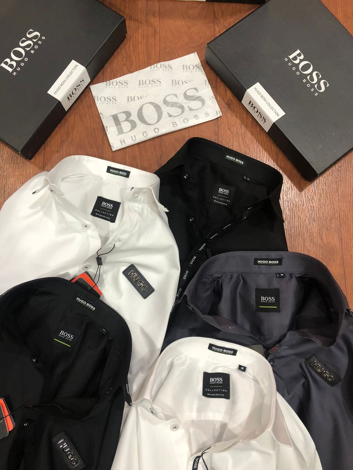 BOSS SHIRT BLACK COLOUR COLLAR STRIP WITH METAL STEEL LOGO AND LEATHER PATCH