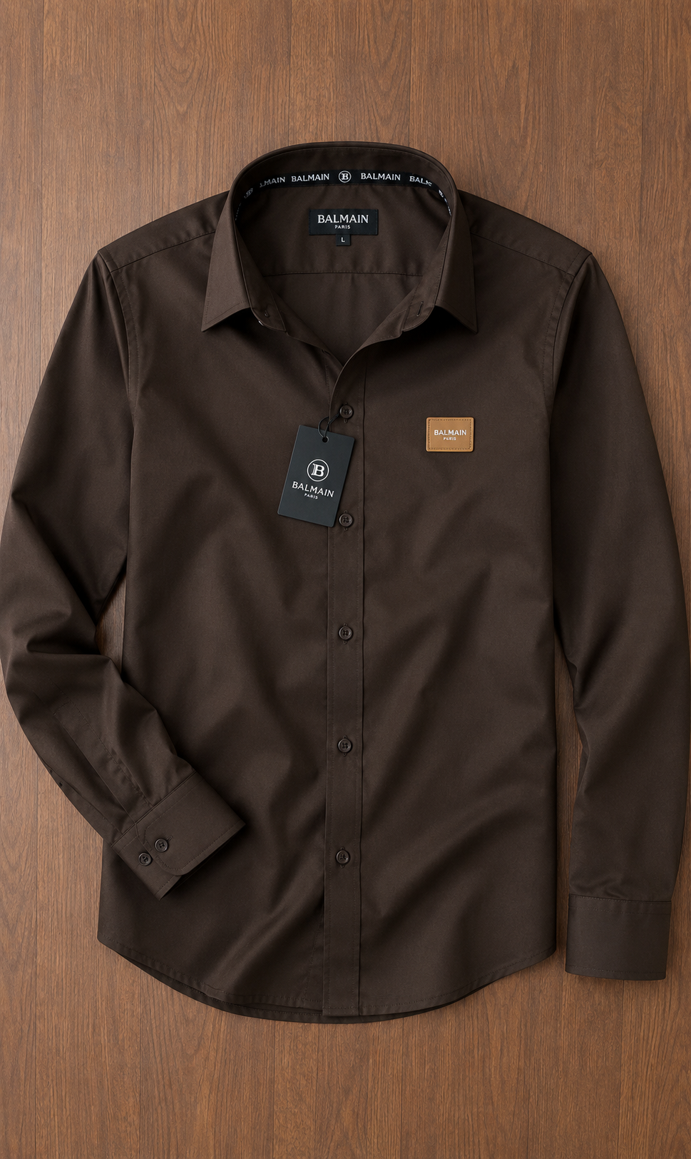 BALMAIN PARIS FRONT METAL LOGO AND LEATHER PATHCH DARK BROWN SHIRT BIG SIZE