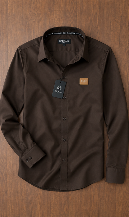 BALMAIN PARIS FRONT METAL LOGO AND LEATHER PATHCH DARK BROWN SHIRT BIG SIZE