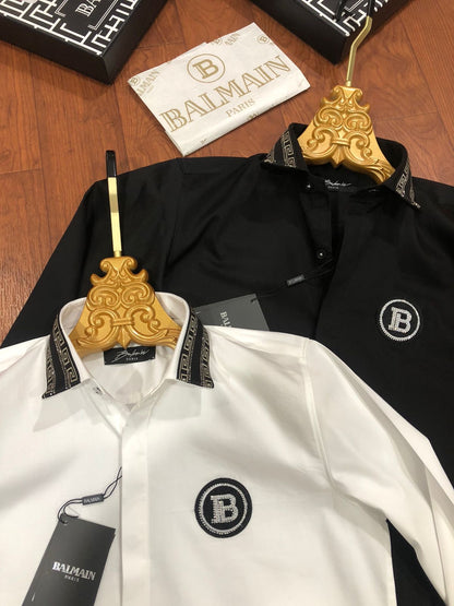 BALMAIN PARIS COLLAR STRIP DAIMOND LOGO BLACK SHIRT