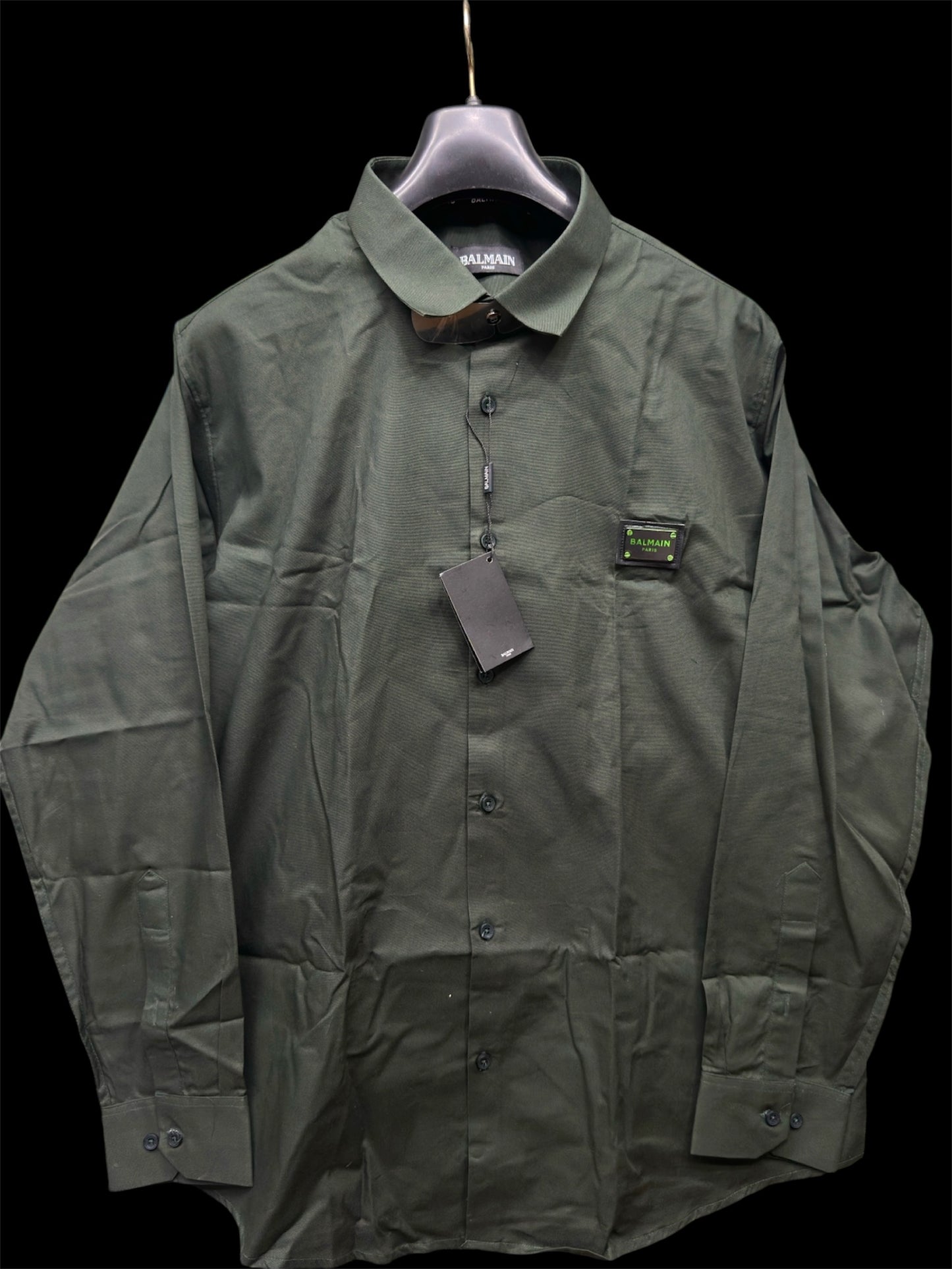 BALMAIN PARIS FRONT METAL LOGO AND LEATHER PATCH GREEN SHIRT BIG SIZE