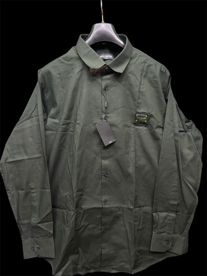BALMAIN PARIS FRONT METAL LOGO AND LEATHER PATCH GREEN SHIRT BIG SIZE