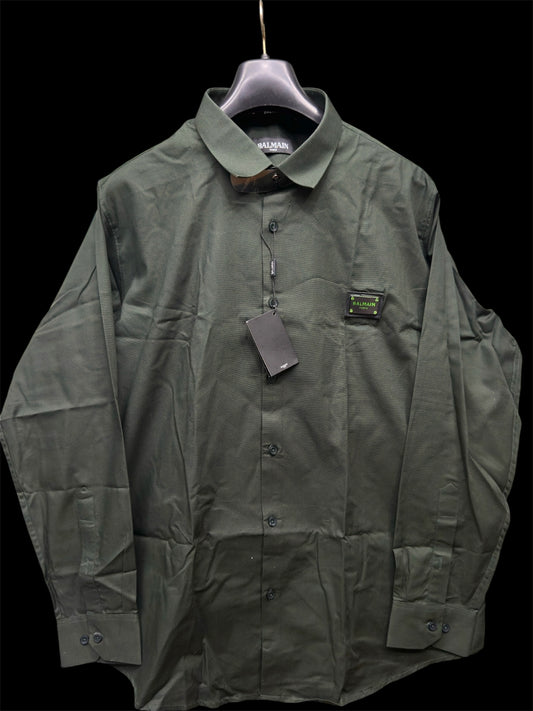 BALMAIN PARIS FRONT METAL LOGO AND LEATHER PATCH GREEN SHIRT BIG SIZE