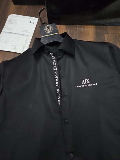 ARMANI EXCHANGE AX FRONT BUTTON PRINT BLACK SHIRT