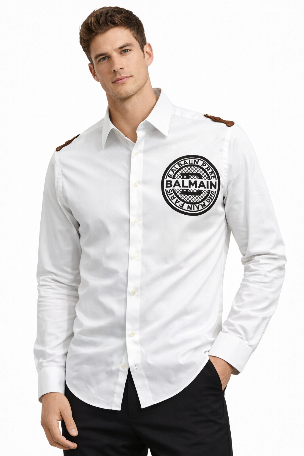 BALMAIN SIDE VELVET LOGO WHITE SHIRT