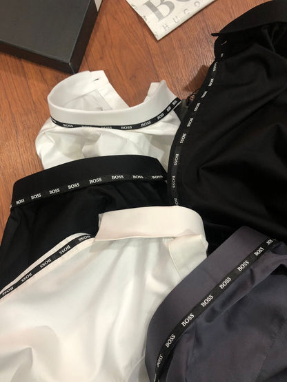 BOSS SHIRT BLACK COLOUR COLLAR STRIP WITH METAL STEEL LOGO AND LEATHER PATCH