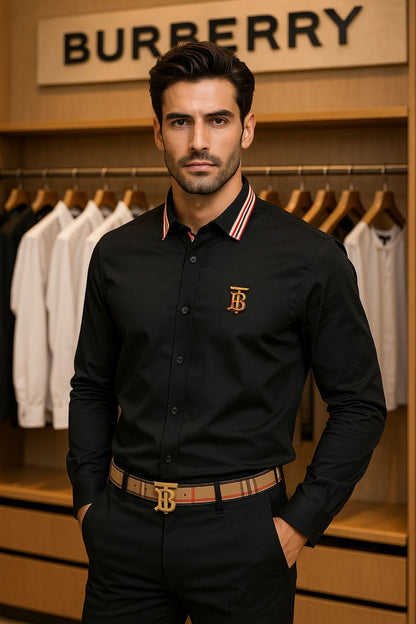 BURBERRY SHIRT COLLAR STRIP BLACK SHIRT