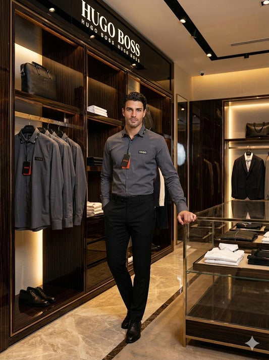 BOSS SHIRT GREY COLOUR COLLAR STRIP WITH METAL STEEL LOGO AND LEATHER PATCH