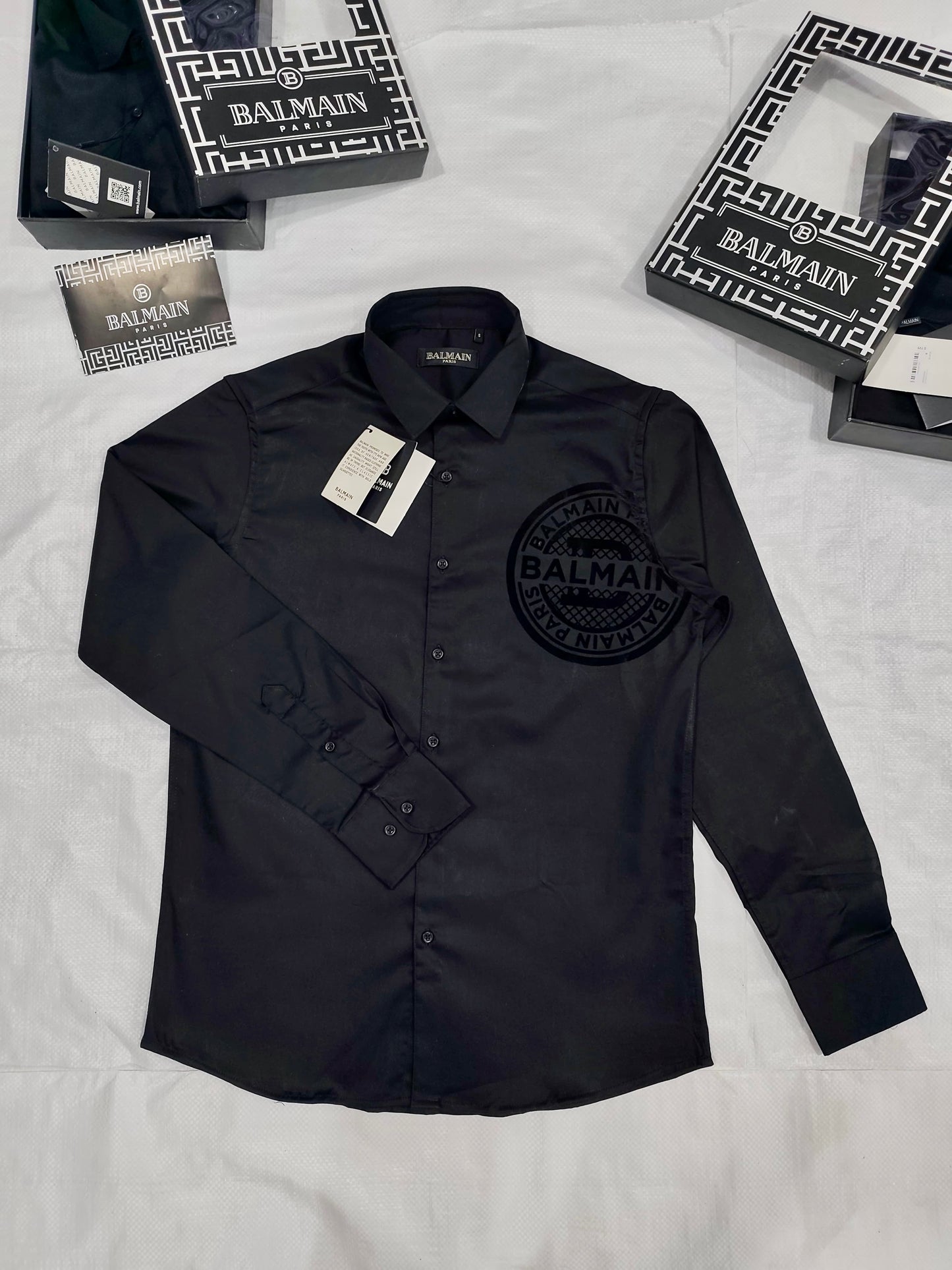 BALMAIN PARIS VELVET LOGO BLACK SHIRT