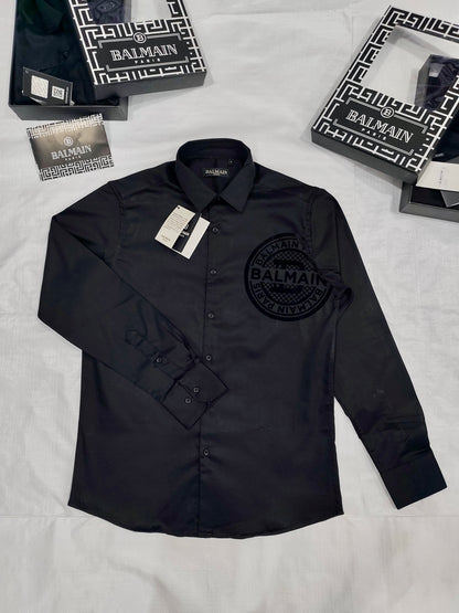 BALMAIN PARIS VELVET LOGO BLACK SHIRT