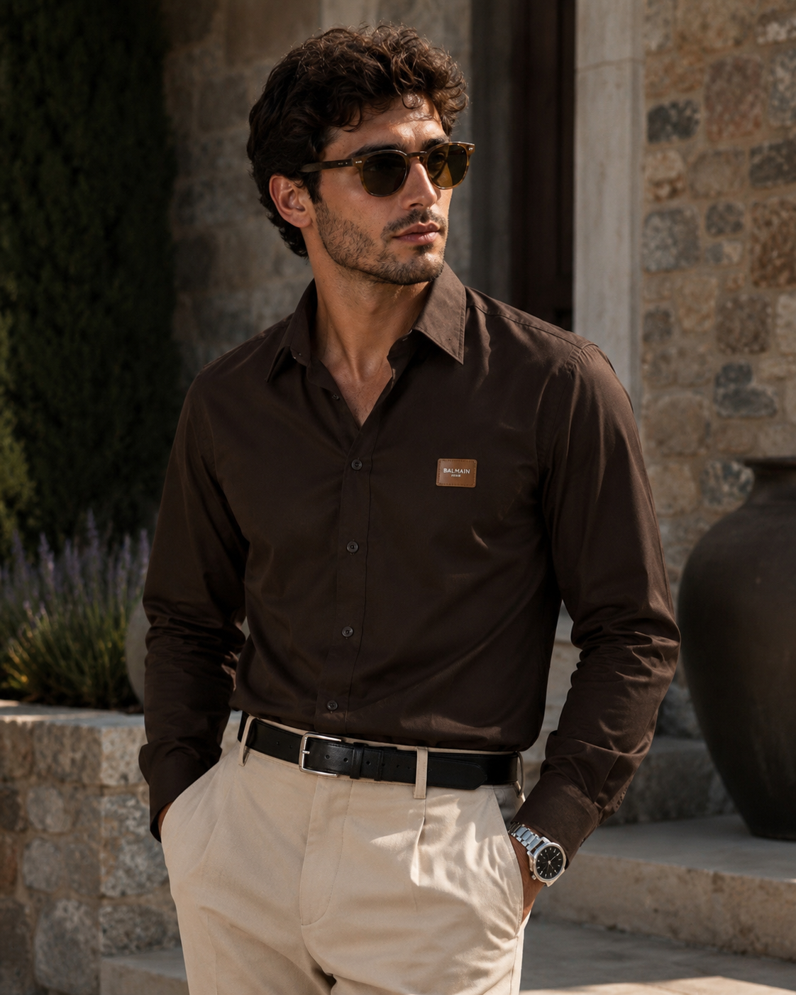 BALMAIN PARIS FRONT METAL LOGO AND LEATHER PATHCH DARK BROWN SHIRT BIG SIZE