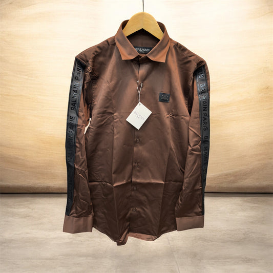 BALMAIN PARIS SIDE STRIP BROWN SHIRT