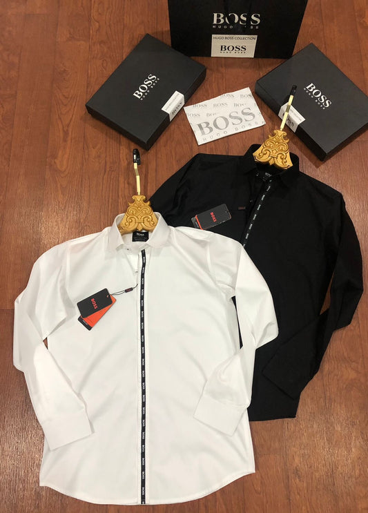 BOSS SHIRT WHITE COLOUR FRONT STRIP WITH METAL STEEL LOGO AND LEATHER PATCH