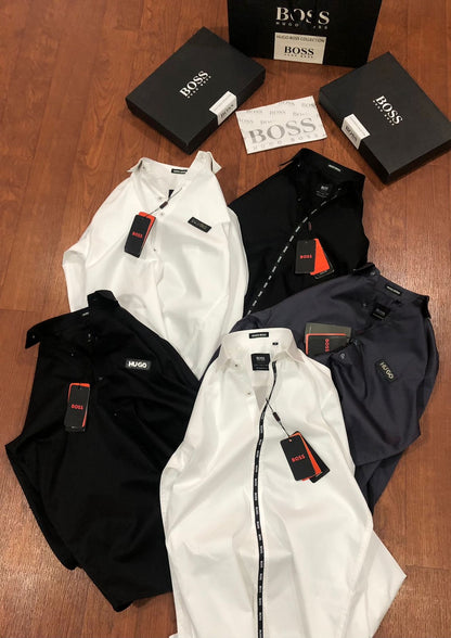 BOSS SHIRT BLACK COLOUR COLLAR STRIP WITH METAL STEEL LOGO AND LEATHER PATCH