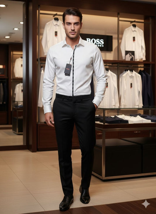 BOSS SHIRT WHITE COLOUR FRONT STRIP WITH METAL STEEL LOGO AND LEATHER PATCH