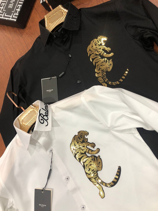 BALMAIN PARIS TIGER DAIMOND PRINT WITH COLLAR VELVET PRINT WHITE SHIRT