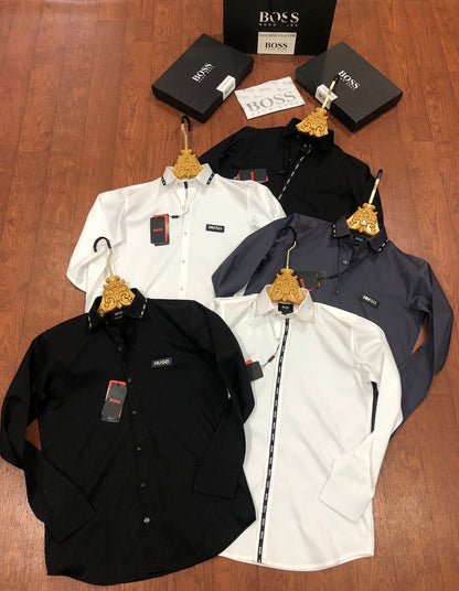 BOSS SHIRT BLACK COLOUR COLLAR STRIP WITH METAL STEEL LOGO AND LEATHER PATCH