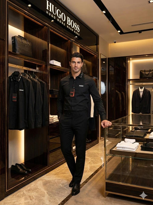 BOSS SHIRT BLACK COLOUR COLLAR STRIP WITH METAL STEEL LOGO AND LEATHER PATCH