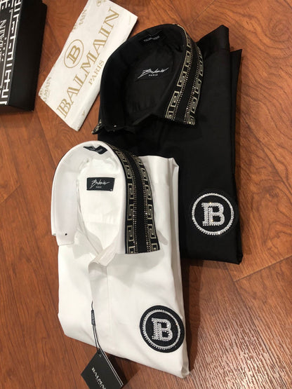 BALMAIN PARIS COLLAR STRIP DAIMOND LOGO BLACK SHIRT