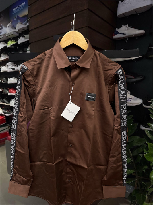 BALMAIN PARIS DAIMOND SIDE STRIP BROWN SHIRT