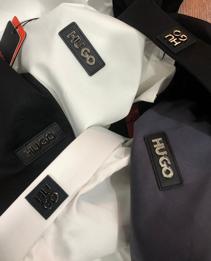 BOSS SHIRT BLACK COLOUR COLLAR STRIP WITH METAL STEEL LOGO AND LEATHER PATCH