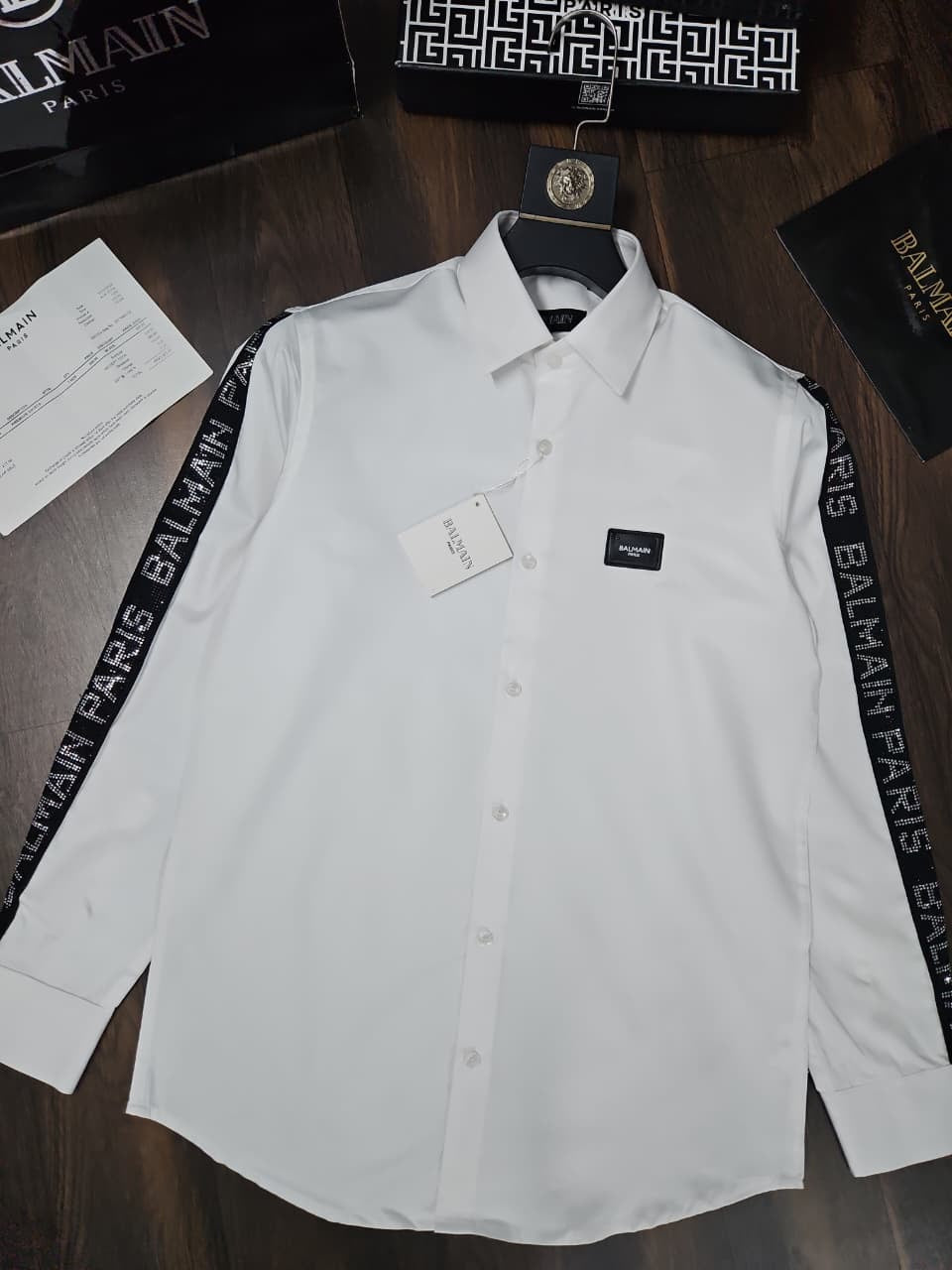 BALMAIN PARIS DAIMOND SIDE STRIP WHITE SHIRT