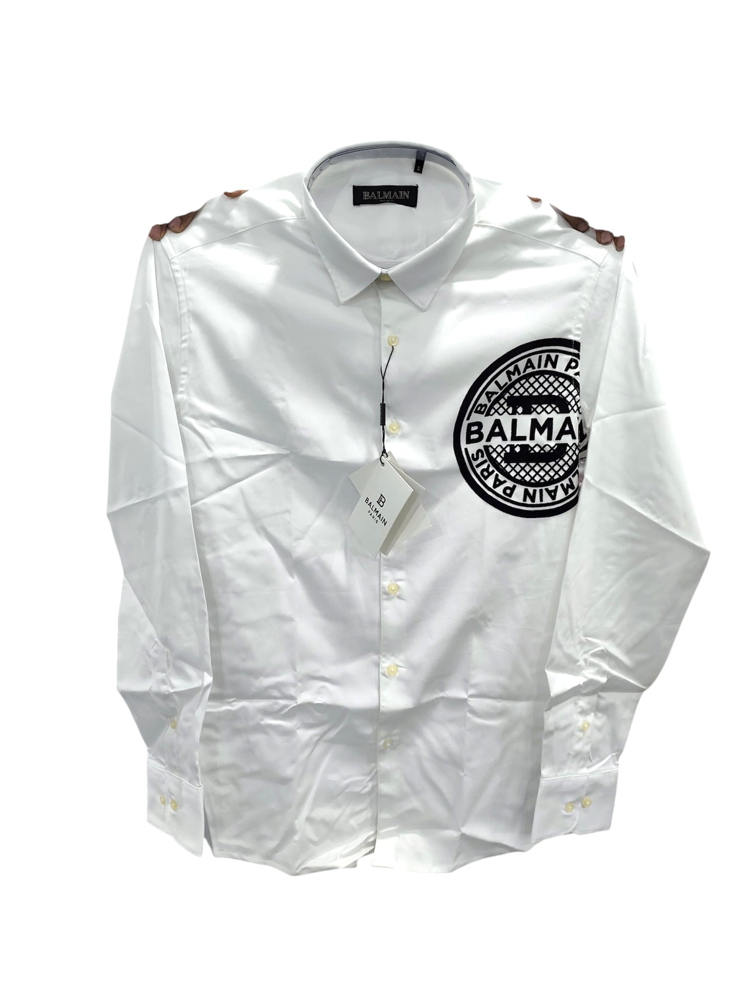 BALMAIN PARIS VELVET LOGO WHITE SHIRT