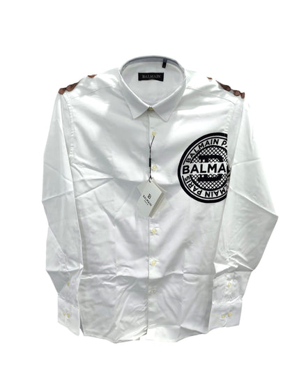 BALMAIN PARIS VELVET LOGO WHITE SHIRT