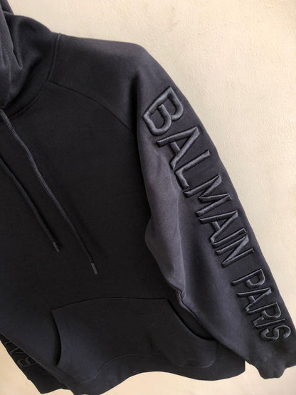 BALMAIN PARIS SLEEVE EMBROIDERY BLACK HOODY