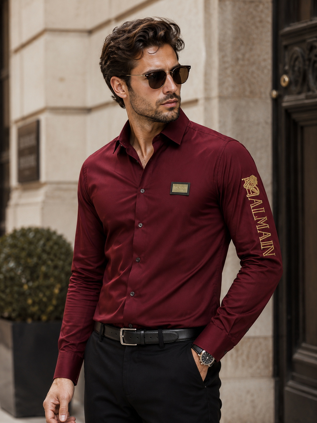 BALMAIN SIDE SLEEVE EMBROIDERY DESIGN MAHROON SHIRT