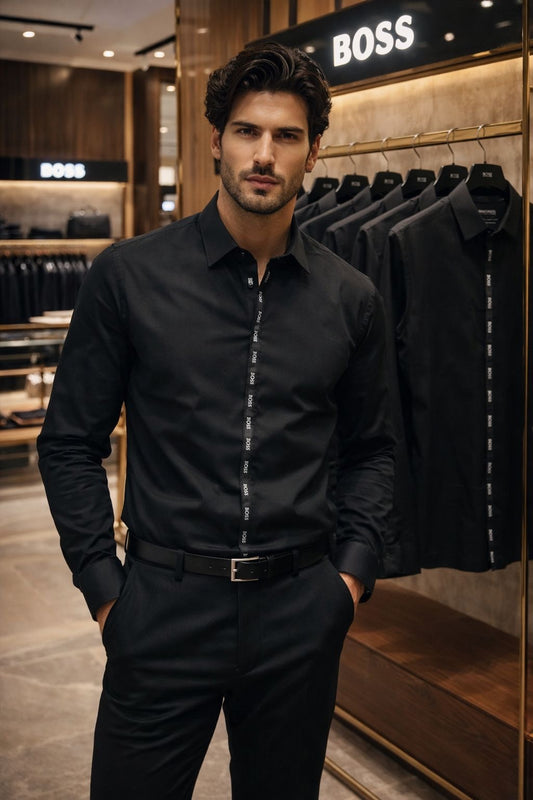 BOSS SHIRT BLACK COLOUR FRONT STRIP WITH METAL STEEL LOGO AND LEATHER PATCH