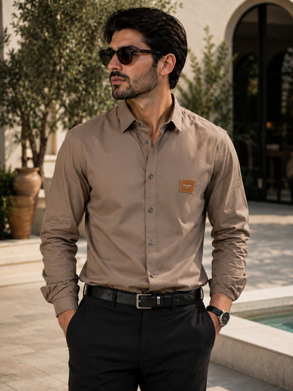 BALMAIN PARIS FRONT METAL LOGO AND LEATHER PATCH COCO BROWN SHIRT BIG SIZE