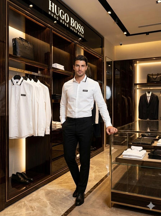 BOSS SHIRT WHITE COLOUR COLLAR STRIP WITH METAL STEEL LOGO AND LEATHER PATCH