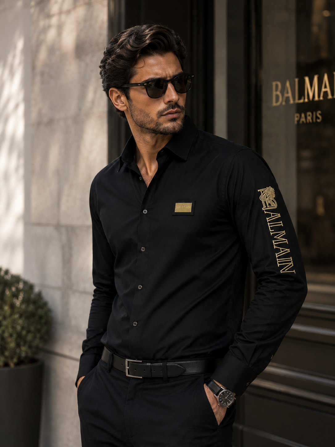 BALMAIN SIDE SLEEVE EMBROIDERY DESIGN BLACK SHIRT
