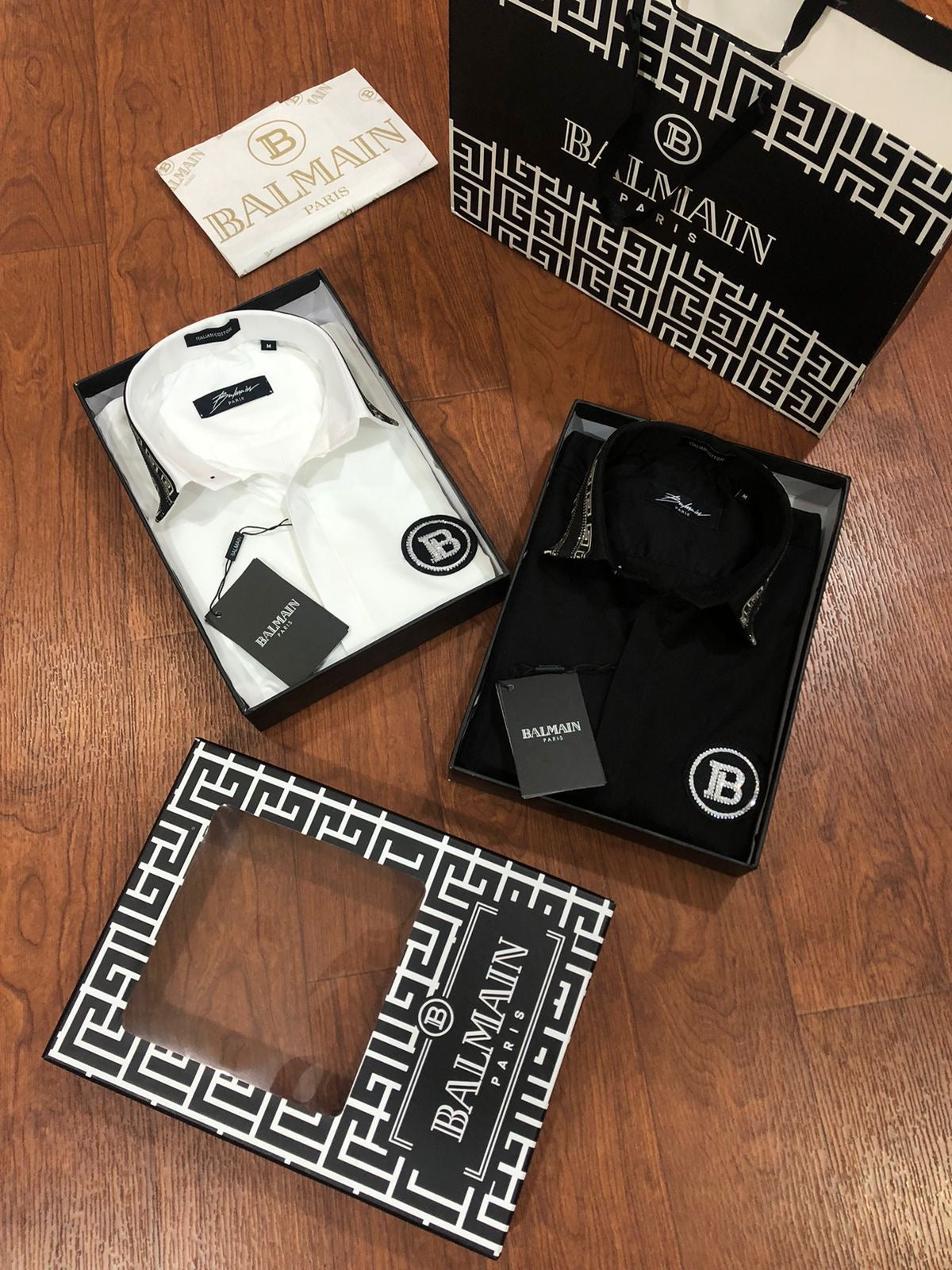 BALMAIN PARIS COLLAR STRIP DAIMOND LOGO BLACK SHIRT