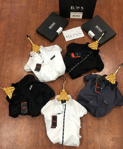 BOSS SHIRT BLACK COLOUR COLLAR STRIP WITH METAL STEEL LOGO AND LEATHER PATCH