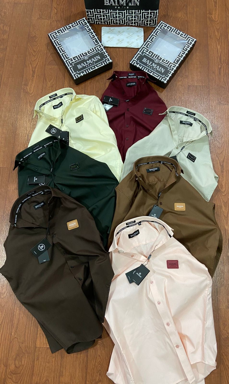 BALMAIN PARIS FRONT METAL LOGO AND LEATHER PATCH COCO BROWN SHIRT BIG SIZE