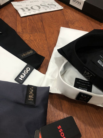 BOSS SHIRT BLACK COLOUR COLLAR STRIP WITH METAL STEEL LOGO AND LEATHER PATCH